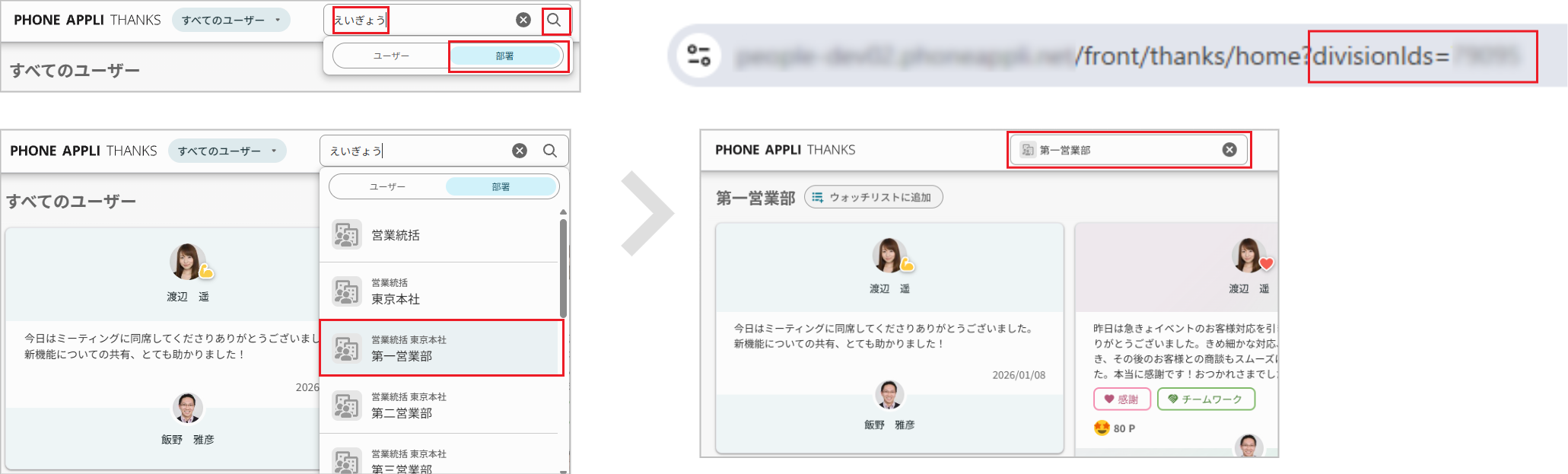 URLで部署を指定