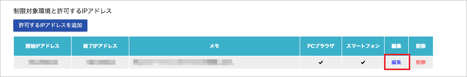 管理 - 企業情報 - 基本設定(IPアドレス制限 編集)