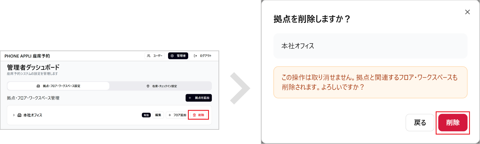 座席予約 - 管理者- 拠点を削除