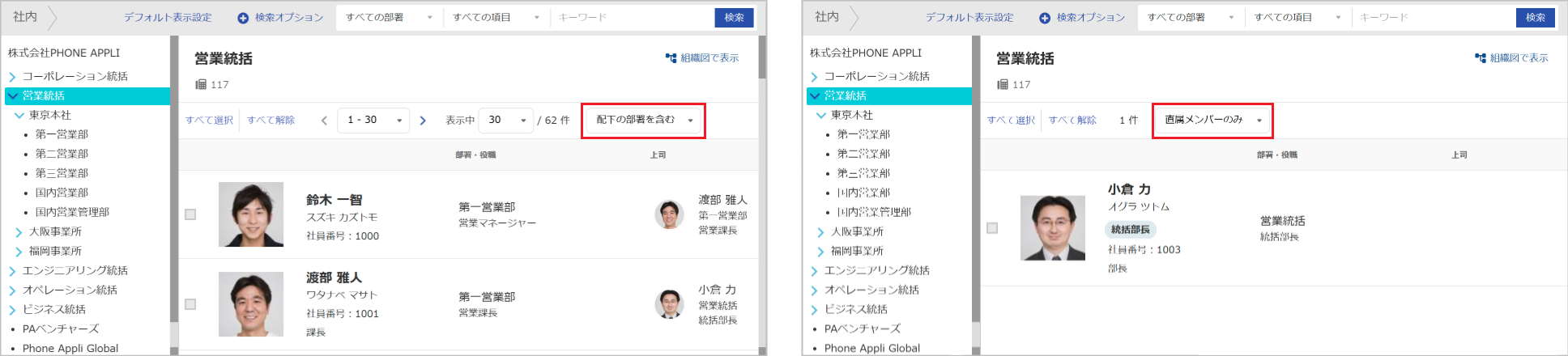 社内電話帳（配下の部署を含む／直属メンバーのみ）