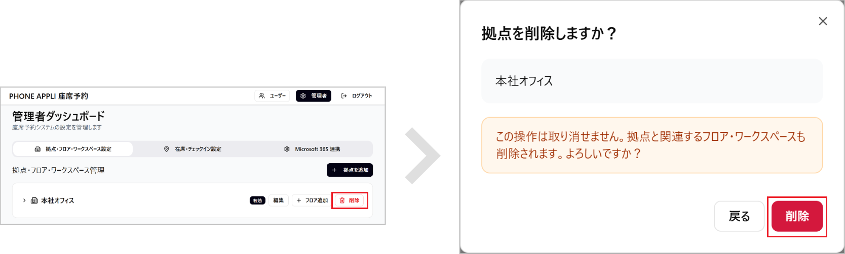 座席予約 - 管理者- 拠点を削除