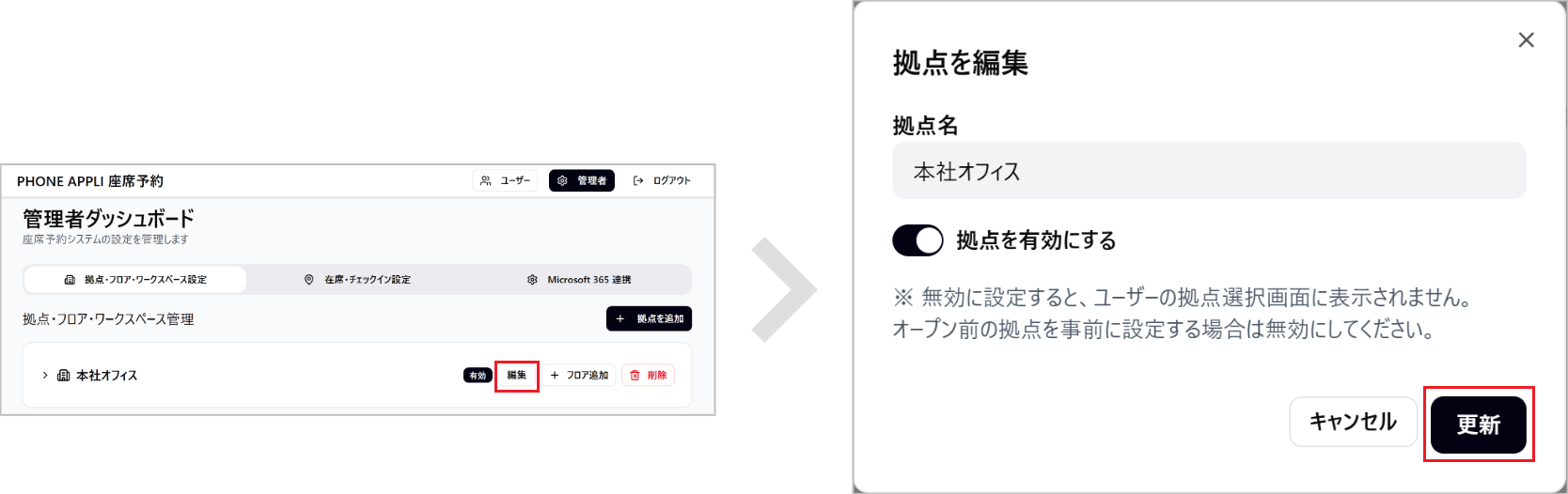 座席予約 - 管理者- 拠点を編集